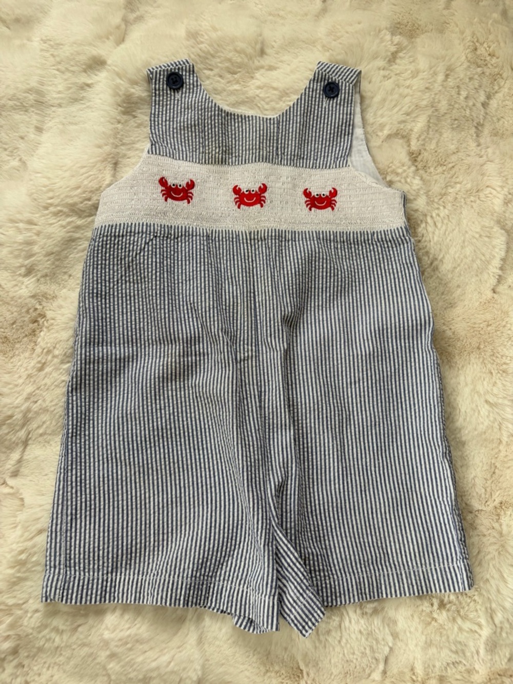 Kids Striped Seersucker Overalls with Red Crab Embroidery